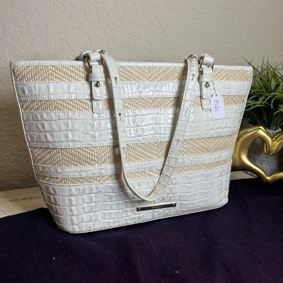 Brahmin Medium Asher Tote Wicker Ivory/Beige Shopper Leather Shoulder Bag